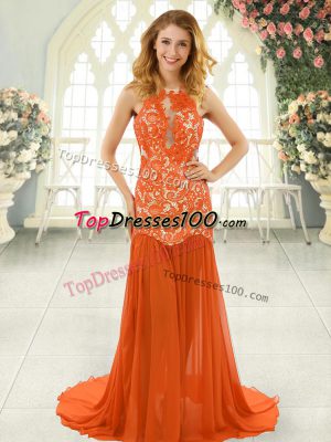 Custom Fit Lace Evening Gowns Orange Red Backless Sleeveless Brush Train