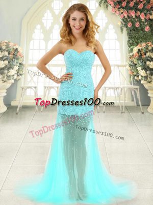 Custom Designed Aqua Blue Zipper Sweetheart Beading Evening Dress Tulle Sleeveless Brush Train