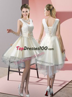 White A-line Tulle V-neck Sleeveless Lace and Bowknot High Low Lace Up Prom Dress