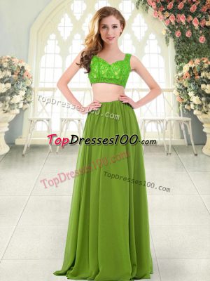 Sleeveless Chiffon Floor Length Zipper Prom Dresses in Olive Green with Beading and Lace
