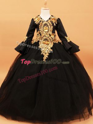 Lovely Black Kids Formal Wear Beading and Appliques Long Sleeves Floor Length
