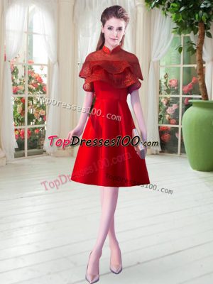Red Zipper High-neck Lace Teens Party Dress Satin Cap Sleeves