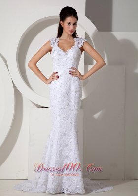 Brand New Mermaid V-neck Lace Wedding Dress Brush Train Beading - Top Selling