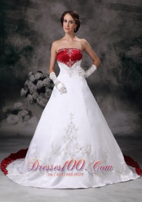 Customize A-line Strapless Wedding Dress Embroidery Satin Chapel Train - Top Selling