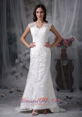 Custom Made Column Wedding Dress V-neck Lace Brush Train - Top Selling