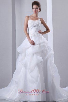 Fashionable A-line Spaghetti Straps Wedding Dress Appliques With Beading Court Train Taffeta and Organza - Top Selling