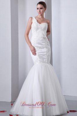 Modest Mermaid One Shoulder Brush Train Tulle and Taffeta Appliques Wedding Dress - Top Selling