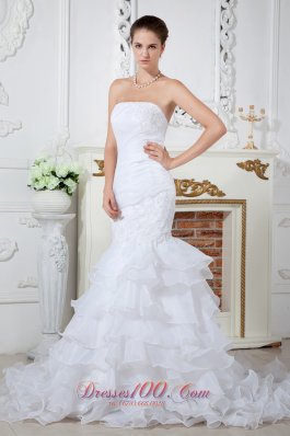 Gorgeous Mermaid Strapless Court Train Organza Applqiues Wedding Dress - Top Selling