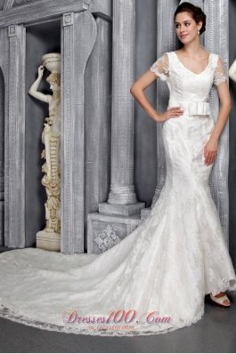 Beautiful Column/Sheath V-neck Chapel Train Lace Sash Wedding Dress - Top Selling