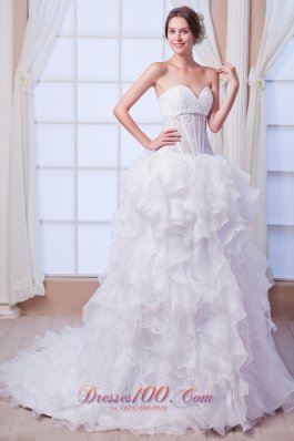 Beautiful A-line Sweetheart Court Train Organza Beading Wedding Dress - Top Selling