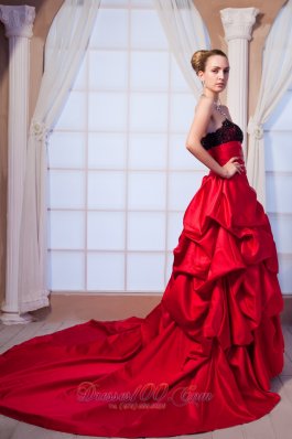 Red A-line Strapless Chapel Train Taffeta Beading and Lace Prom Dress  - Top Selling