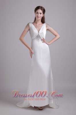 White Column V-neck Brush Train Taffeta Beading Prom Dress - Top Selling