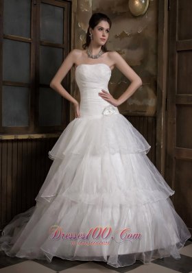 Simple A-line Strapless Sweep Train Taffeta and Organza Hand Made Flower Wedding Dress   - Top Selling