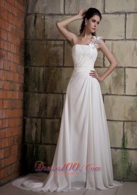 Custom Made A-line One Shoulder Wedding Dress Court Train Chiffon Ruch and Beading  - Top Selling