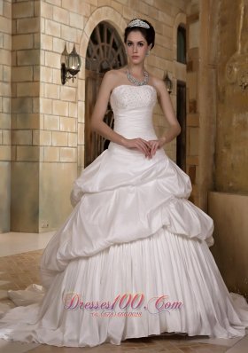 Perfect A-line Strapless Court Train Taffeta Appliques and Pick-ups Wedding Dress   - Top Selling
