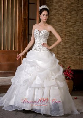 Customize A-line Wedding Dress Sweetheart Sweep Train Taffeta and Organza Beading Pick-ups - Top Selling