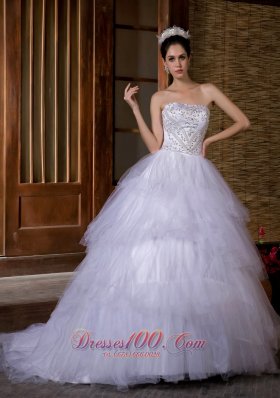 Beautiful Ball Gown Strapless Wedding Dress Chapel Train Taffeta and Organza Beading - Top Selling