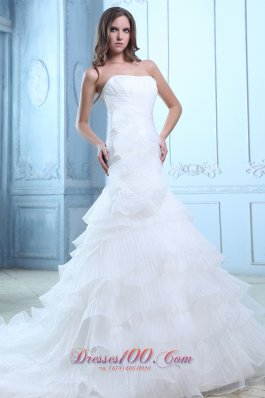 Best Wedding Dress Ruch and Hand Made Flowers Mermaid Strapless Court Train Organza - Top Selling