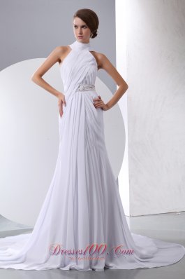 Simple Column Halter Beading and Ruch Wedding Dress Chapel Train Chiffon - Top Selling