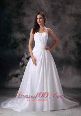 Modest A-line Strapless Wedding Dress Taffeta Beading Court Train - Top Selling