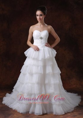 Layer Sweetheart A-Line Chapel Train White Hall Wedding Dress With Beading - Top Selling
