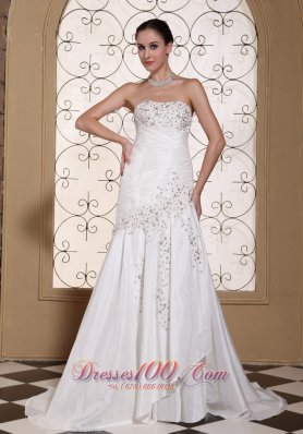 Ruched Bodice With Beading Taffeta Simple Wedding Dress For 2013 Strapless Brush Train Gown - Top Selling