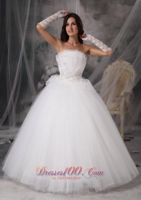 Customize Strapless Ball Gown Wedding Dress Tulle Appliques Floor-length