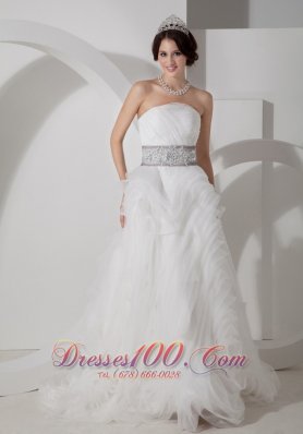 Discount A-line Wedding Dress Appliques Organza Strapless Brush Train