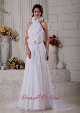 Customize Style Column High-neck Hand Made Flowers Wedding Dress Court Train Chiffon