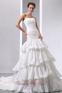 Gorgeous A-line Strapless Low Cost Wedding Dress Court Train Taffeta Hand Made Flower and Ruch