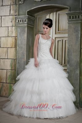 Modest Ball Gown Scoop Brush Train Tulle Beading Wedding Dress