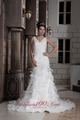 Sweet Column V-neck Court Train Oragnza Ruch and Ruffled Layers Wedding Dress