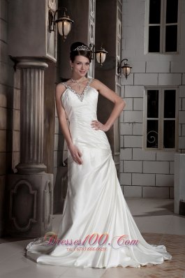 Popular A-line / Princess V-neck Brush Train Satin Beading and Ruch Wedding Dress