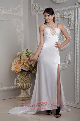 Popular Column Prom Dress Straps Elastic Woven Satin Beading and Ruch Brush Train