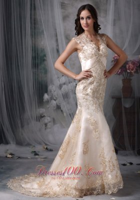 Pretty Wedding Dress Mermaid V-neck Satin and Lace Brush Train
