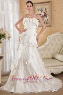 Wonderful A-line Strapless Court Train Lace and Taffeta Hand Made Flowers Wedding Dress