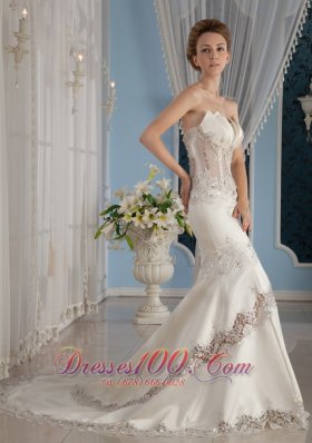 Sexy Mermaid / Trumpet Strapless Court Train Lace and Satin Beading Wedding Dress