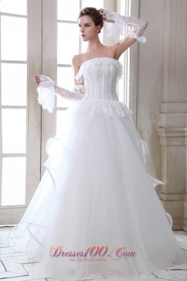 Sweet A-line Strapless Floor-length Tulle Beading and Appliques Wedding Dress