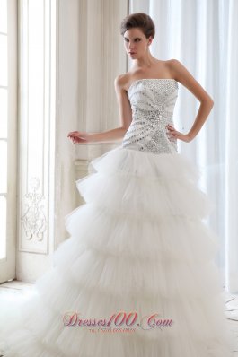 Best Wedding Dress A-line Strapless Beading Court Train Tulle