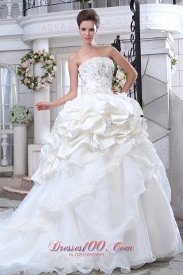 Pretty A-line Strapless Beading and Appliques Wedding Dress Chapel Train Organza
