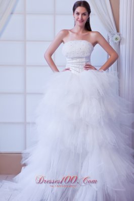 Romantic A-line Strapless Brush Train Tulle Beading Wedding Dress