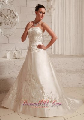 Satin Embroidery Over Bodice A-line Wedding Dress With Court Train