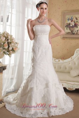 Luxurious Mermaid Strapless Chapel Train Lace Beading Wedding Dress