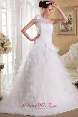 Exclusive A-line One Shoulder Chapel Train Satin and Organza Ruffles and Hand Made Flowers Wedding Dress