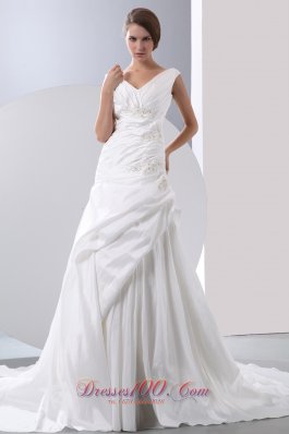 Gorgeous A-line V-neck Chapel Train Taffeta Appliques With Beading Ruch Wedding Dress