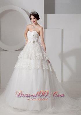 Popular A-line Sweetheart Lace Wedding Dress Tulle Sash and Beading Court Train