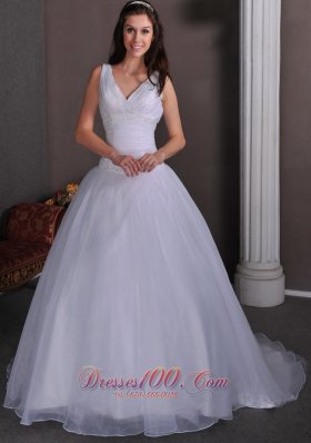 Simple A-line V-neck Ruch and Beading Wedding Dress Court Train Taffeta and Tulle