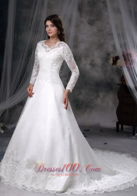 Gorgeous A-line V-neck Chapel Train Satin and Lace Wedding Dress