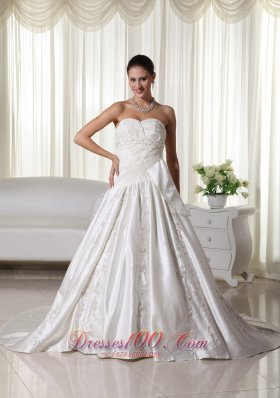 Exclusive A-line Sweetheart Chapel Train Satin Embroidery Wedding Dress