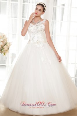 Simple A-line V-neck Floor-length Tulle and Taffeta Appliques Wedding Dress